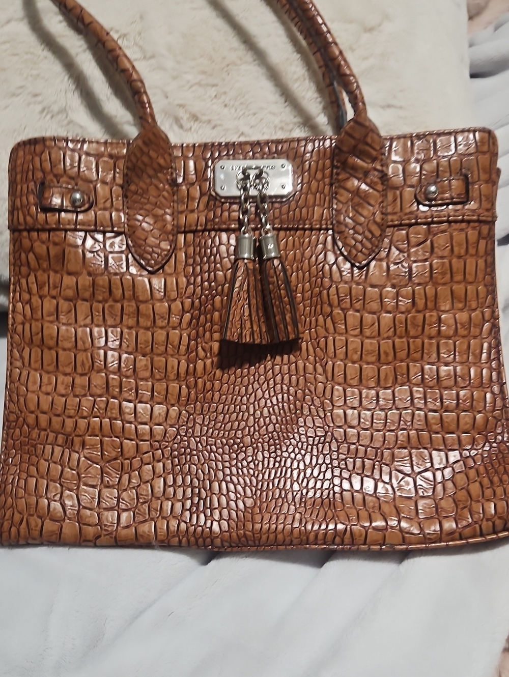 Liz Claiborne Croc-Embossed Tote in Cognac Brown with Tassel